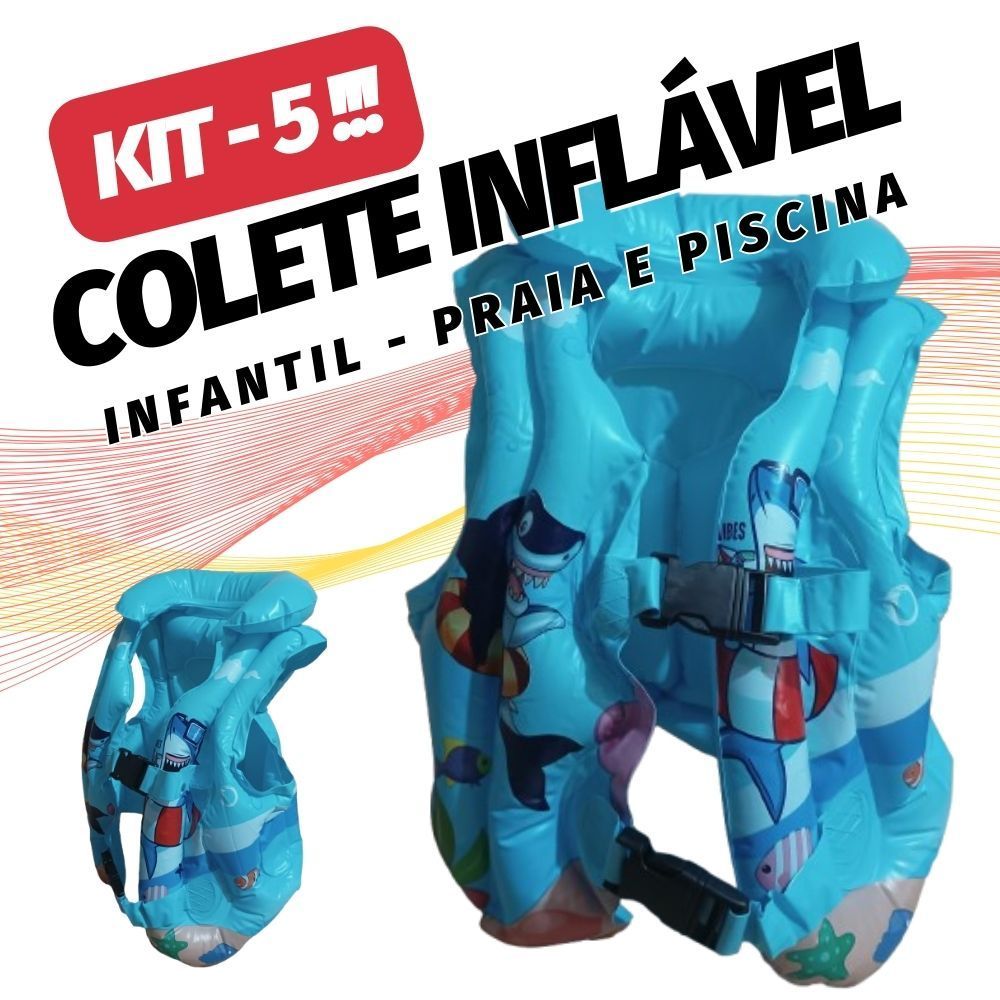 KIT 5 Colete Inflável Infantil Boia Praia Piscina Salva Vidas Azul