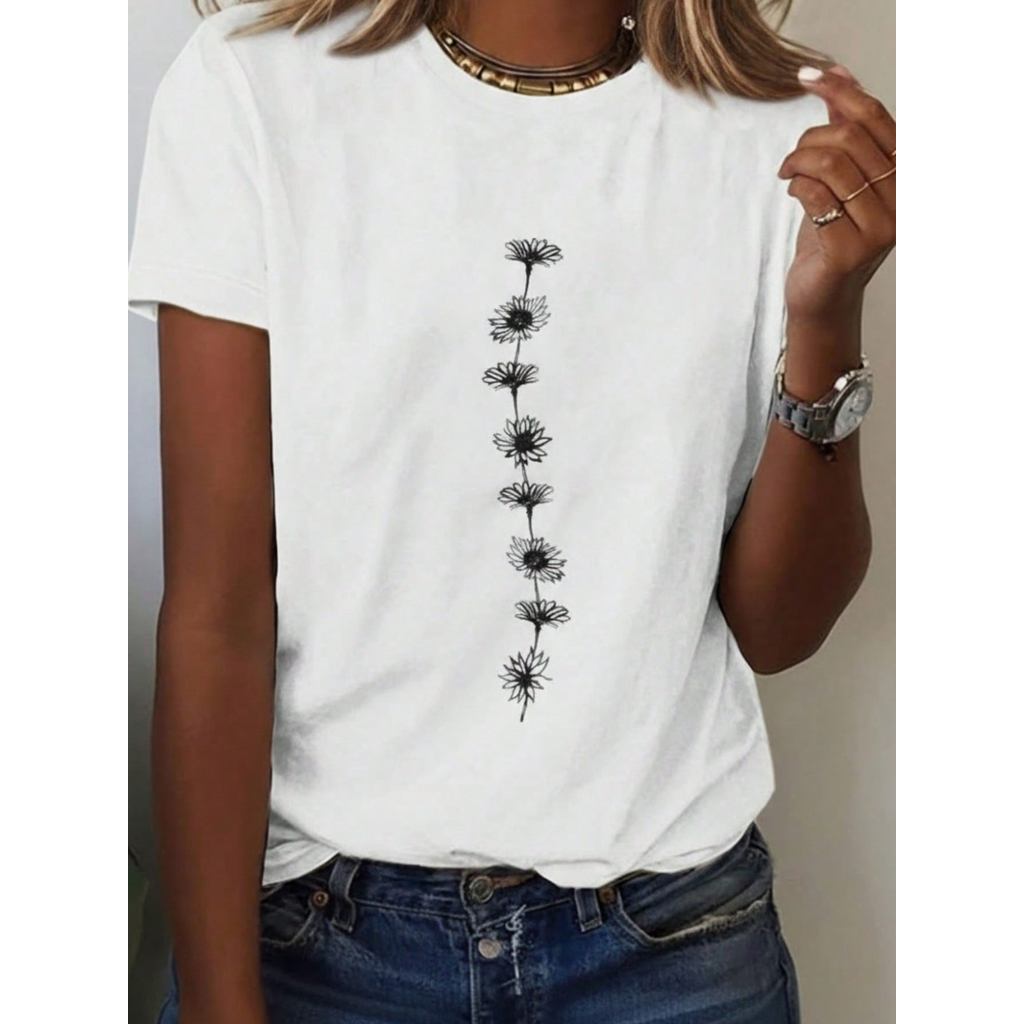 Camiseta Feminina Margarida T-Shirt Primavera Verão Floral Minimalista
