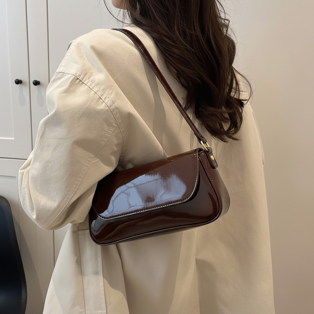 Bolsa Feminina Baguete Verniz Café Alça De Ombro Fina Estilosa E Casual em Oferta na Shopee