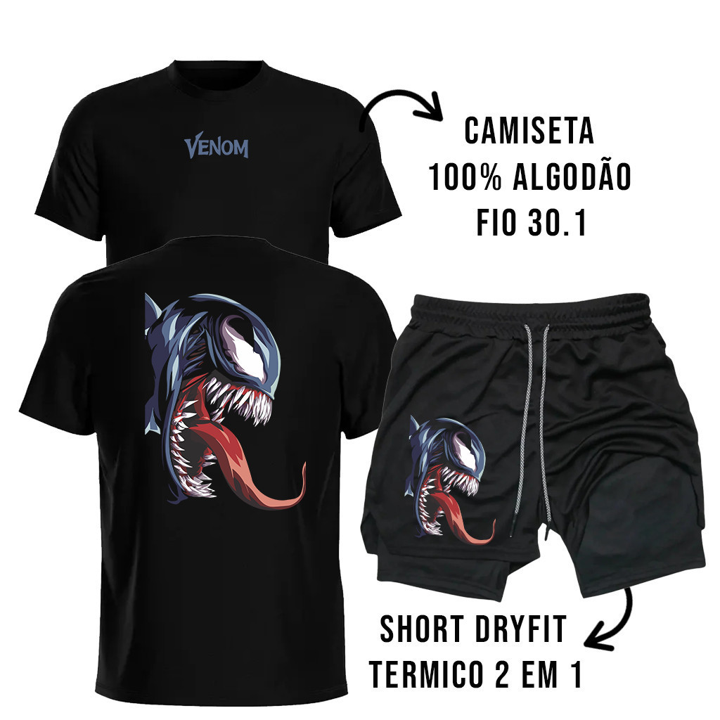 Kit Masculino Leve Camiseta de Algodão com Bermuda Dry Fit Compressão 2 em 1 Fitness Venum Otaku Geek Academia Gym