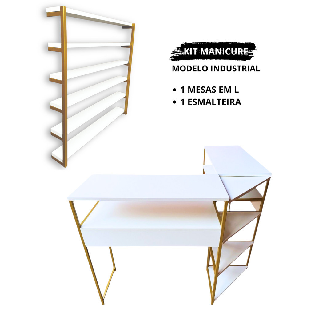 Mesa Manicure Industrial Moderna com Expositor de Esmaltes Dourado