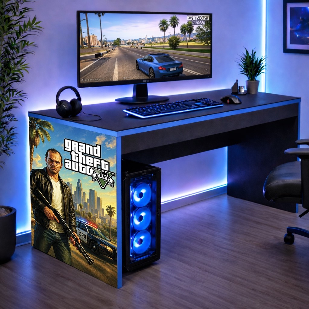 Mesinha Escrivaninha Mesa Infantil Borda Azul Gamer GTA 5 Trevor Police 90 CM Achadinho Oferta
