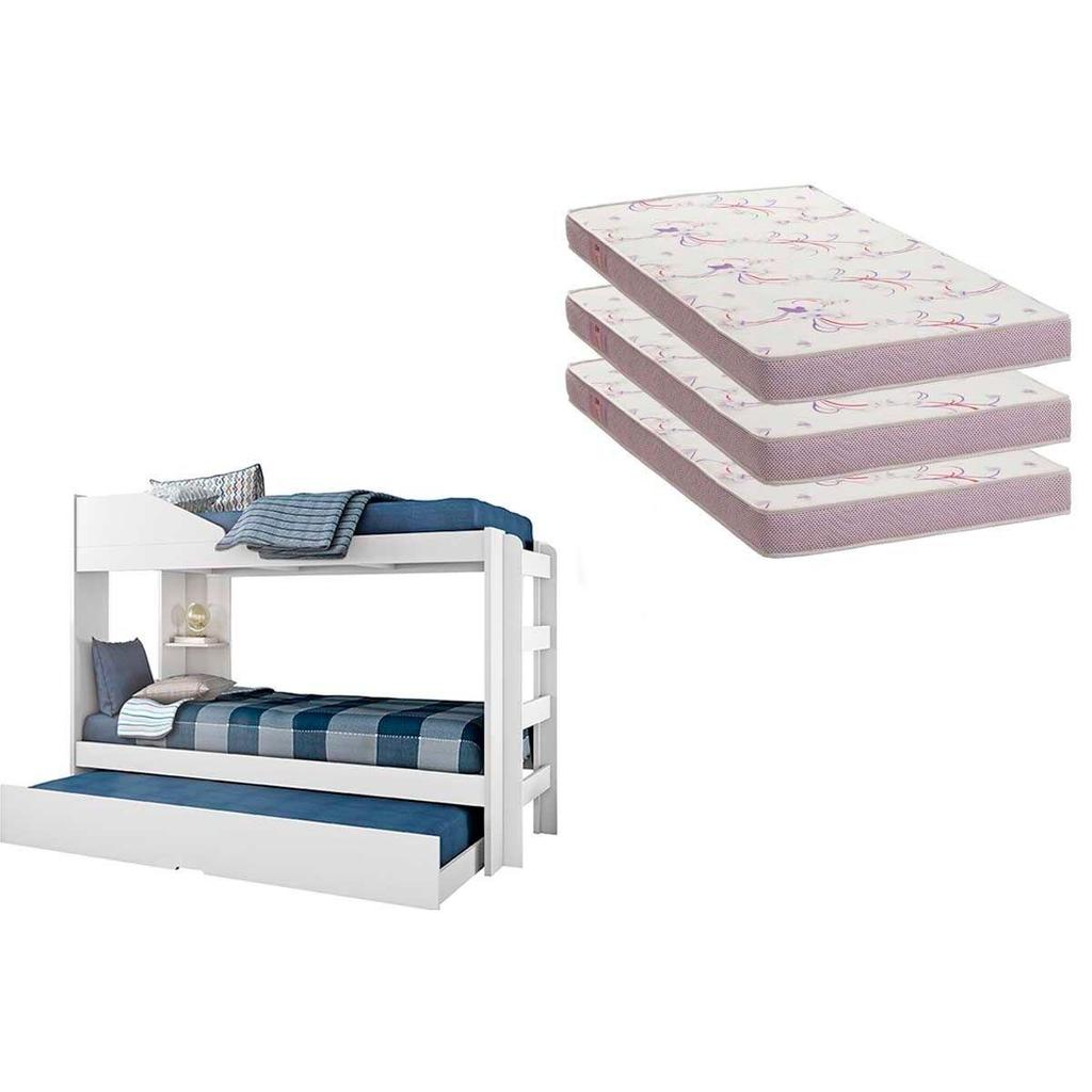 Colchão Physical Ortobom (3un) + Beliche Indy c/ Auxiliar Branco em Oferta na Shopee