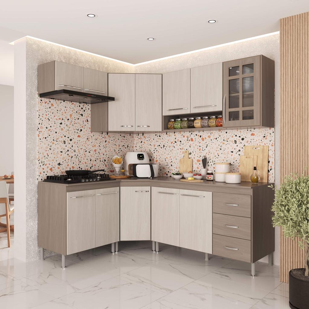Cozinha Modulada Completa Fidelitá Paris 6 Peças 340cm 12 Portas 3 Gavetas Com Tampo Nogal/Salinas em Oferta na Shopee