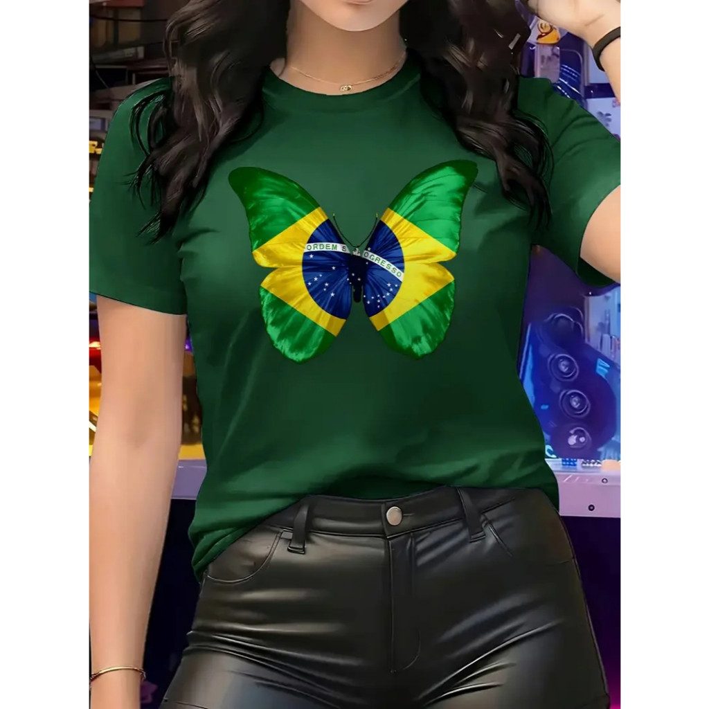 Camiseta 100% Algodão Borboleta Copa do Mundo Brasil Unissex