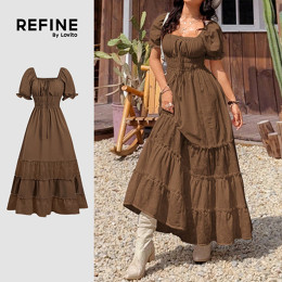 (Refine by Lovito) Vestido Elegante de Renda com Amarração Primavera/verão Marrom para Mulheres. LR32L042