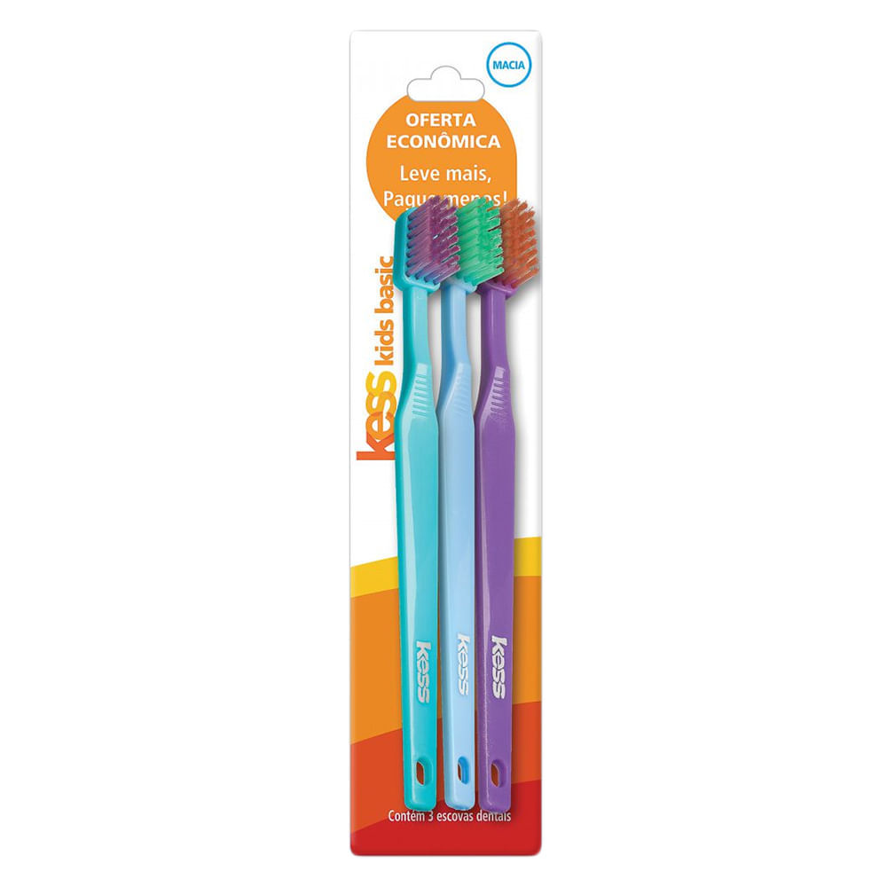 Escova Dental Kess Kids Basic Macia Cores Sortidas 3 Unidades em Oferta na Shopee
