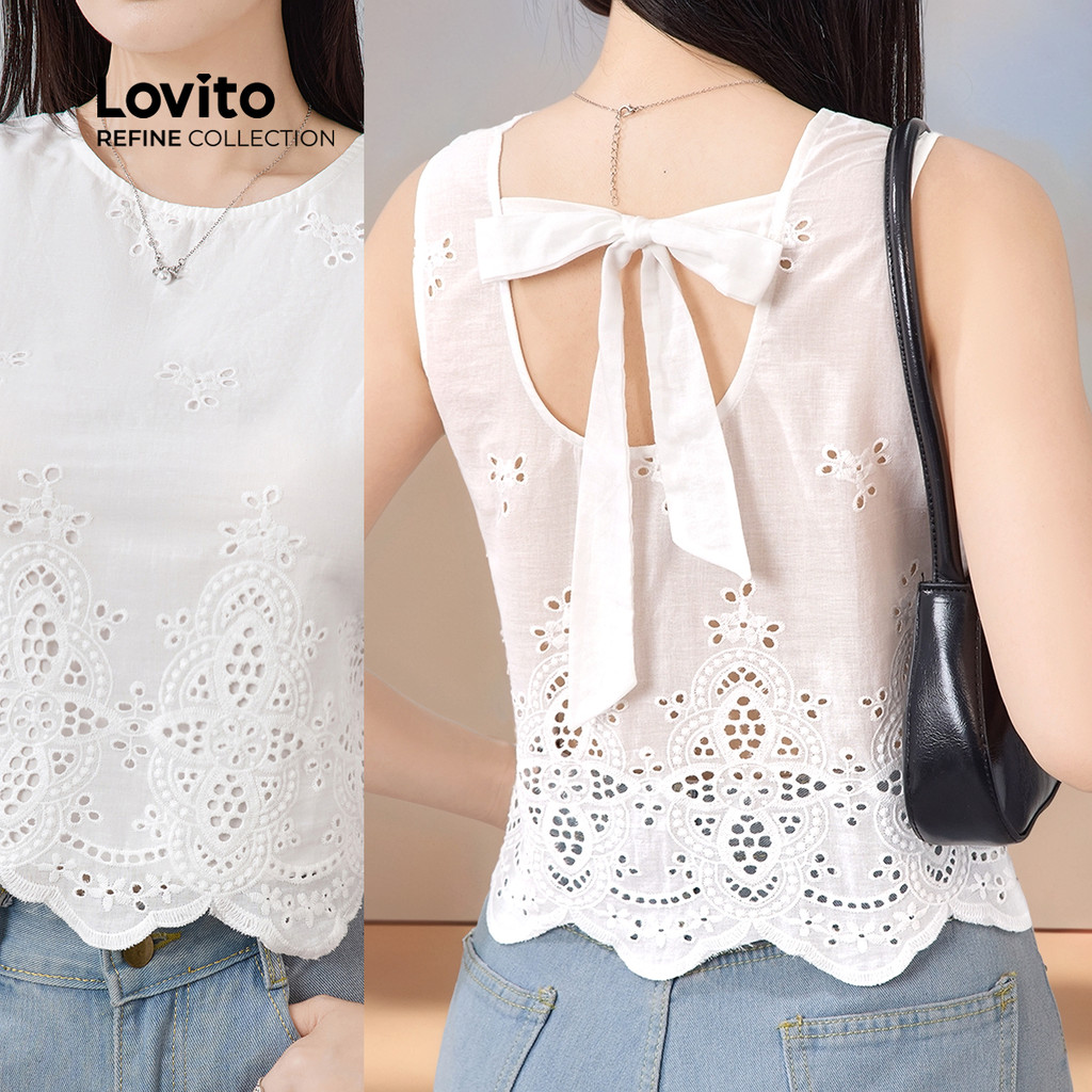 (Lovito Refine) Blusa Casual Algodão com Babados Exagerados Amarre Nas Costas Primavera/verão Branca Mulheres LR13E004 em Oferta na Shopee