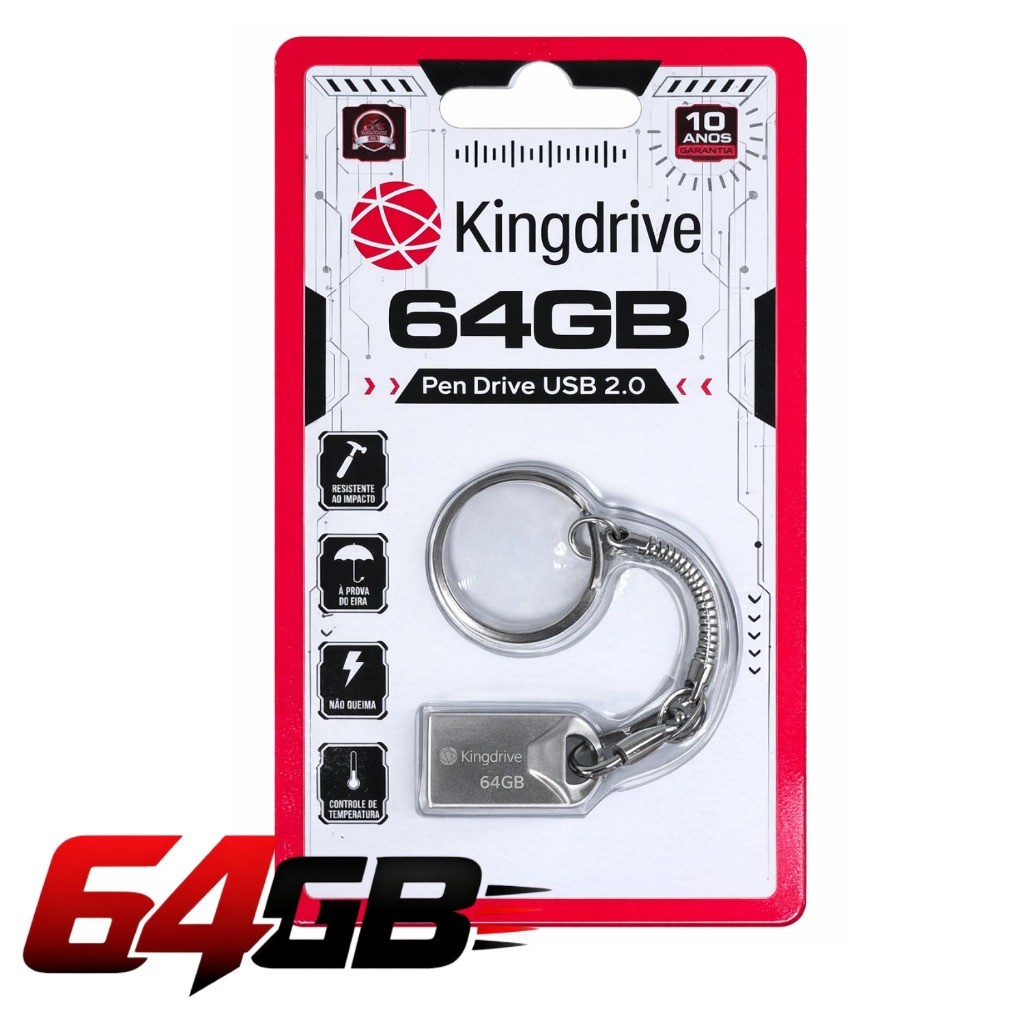 Pendrive Kingdrive 64GB USB 2.0 Metálico com Chaveiro Compacto Backup Fotos Vídeos Arquivos Rápido