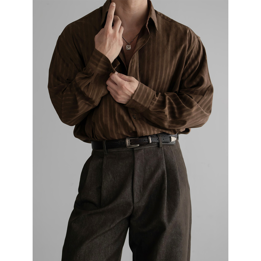 Camisa masculina listrada marrom Casual de manga comprida primavera Top retrô feminino sensação masculina camisa Melade 