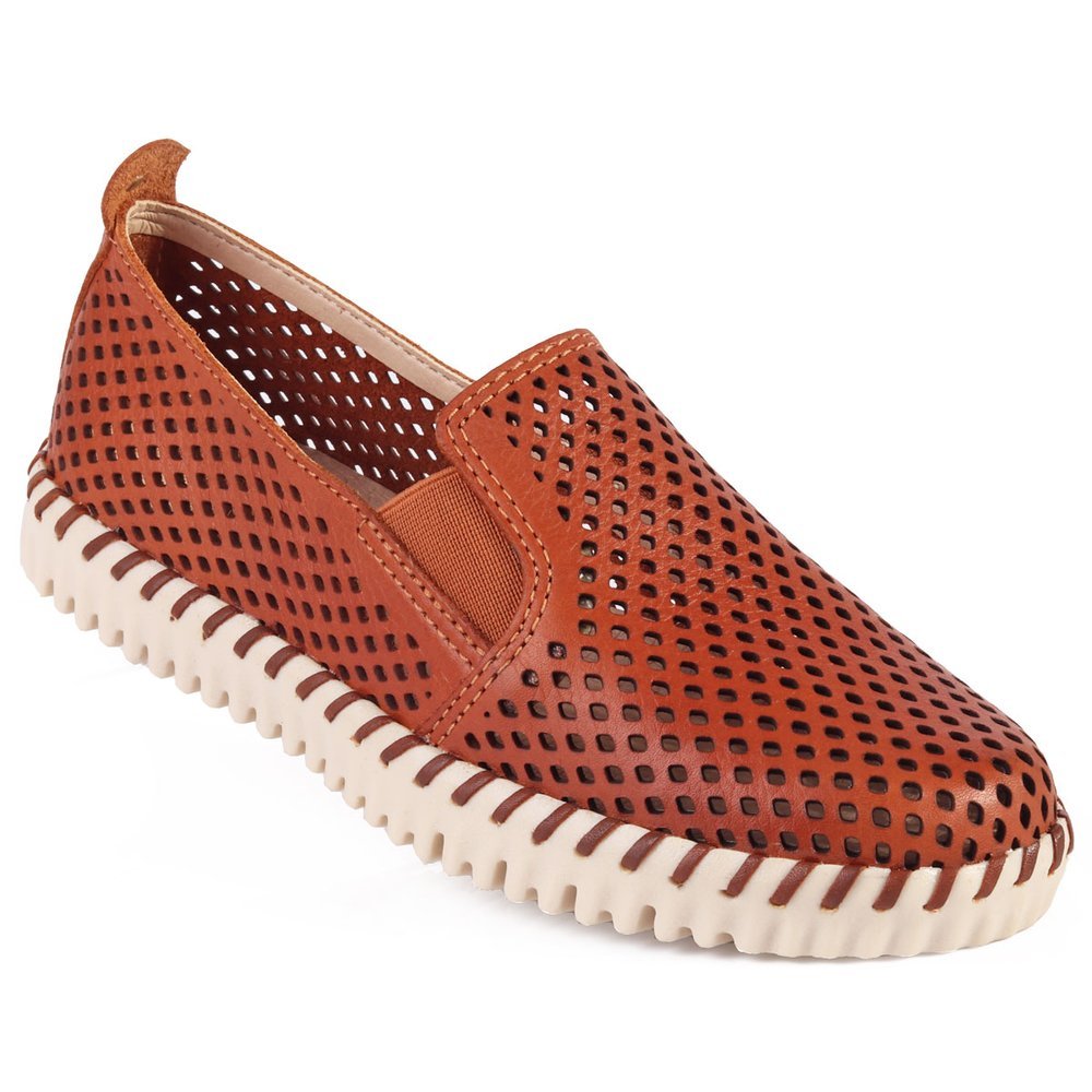 Tênis Feminino Slip On Bottero em Couro Perfurado - Caramelo