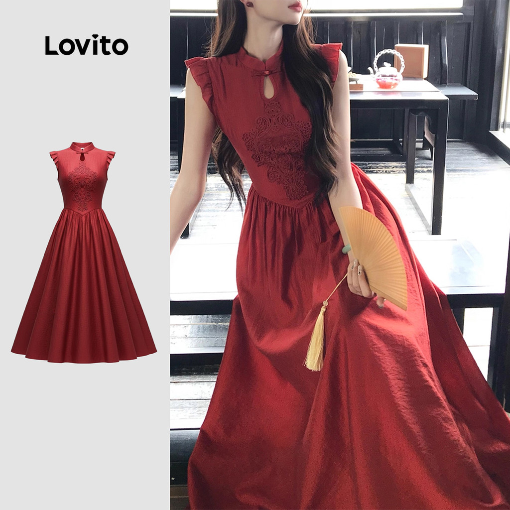 Lovito Vestido Elegante De Festa Novo Estilo Chinês Cor Vinho Para Mulheres Ideal Para a Primavera/verão LK2ED445 em Oferta na Shopee