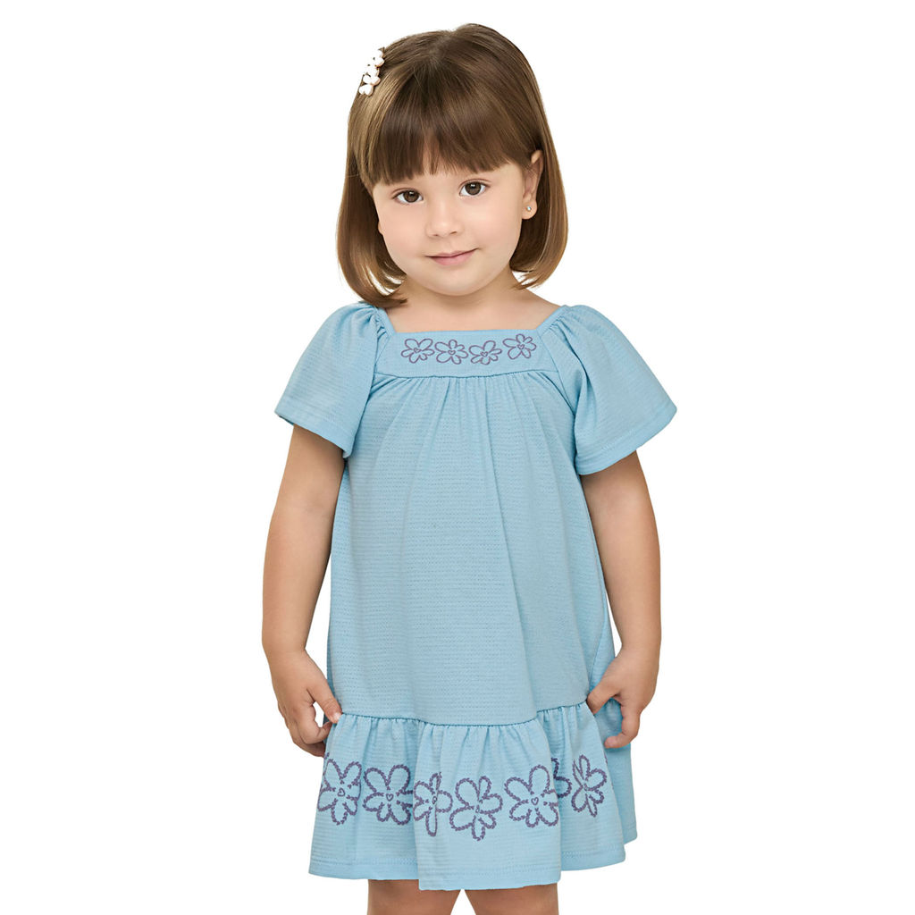 Vestido Infantil Menina Babados Com Flores Elian Azul em Oferta na Shopee