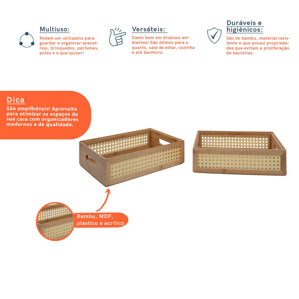 Kit 2 Caixas Organizadoras Empilháveis de Bambu E Palhinha 32cm - Oikos — imagem 2 de 2