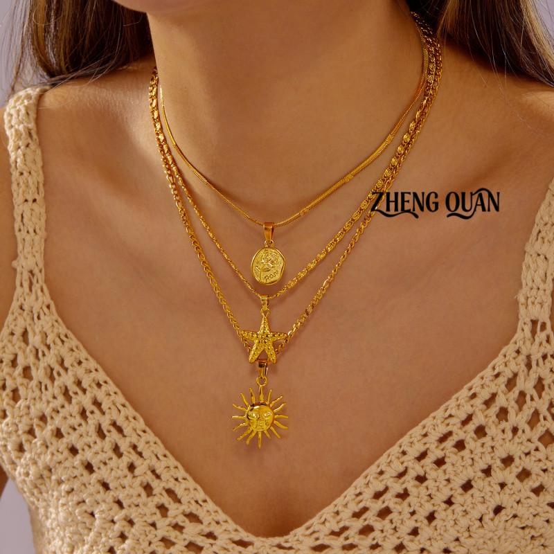 Conjunto de 3 Peças de Colar Dourado em Camadas com Pingentes Vintage de Rosa, Moeda, Estrela-do-mar e Sol, Estilo Boho