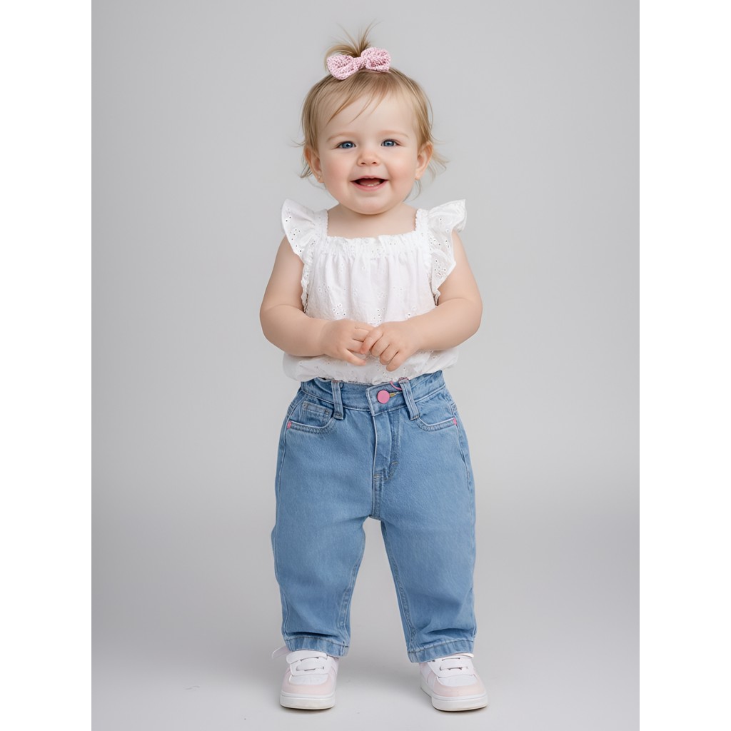 Calça Balloon Jeans Bebê Menina Algodão Confortável Ajustável Bolsos Funcionais Caimento Leve