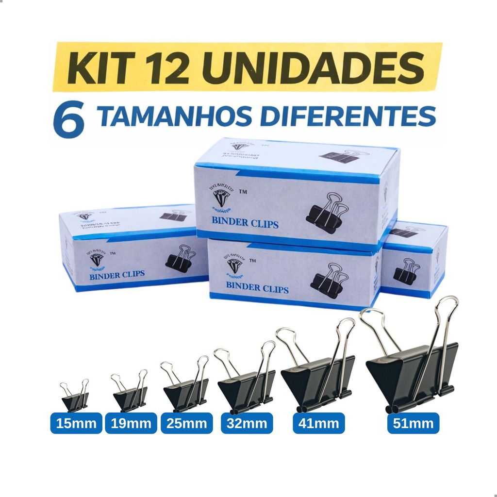 Kit 12 Unidades Clips Borboleta Prendedor De Papel Binder 15/19/25/32/41/51mm Preto Kit 12 Unidades Clips Borboleta Prendedor De Papel Binder 15/19/25/32/41/51mm Preto