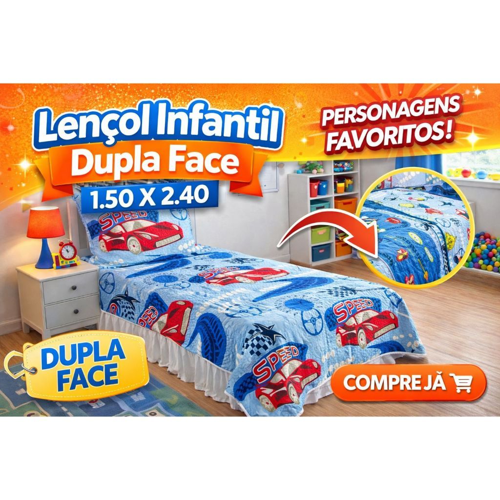 Kit Cobre Leito Infantil de Personagens Dupla Face 2 Peças