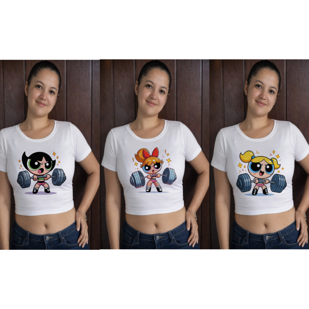 KIT COM 3 CROPPEDS FEMININO,TAMANHO UNICO,MENINAS SUPER PODEROSAS,DOCINHO,FOTO REAL DO PRODUTO