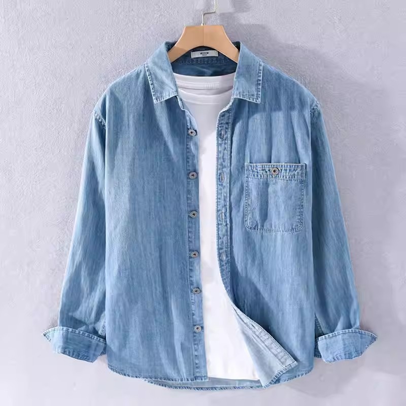 Trabalho resistente ao desgaste Denim camisa de manga comprida masculina primavera outono americano solto jaqueta Casual