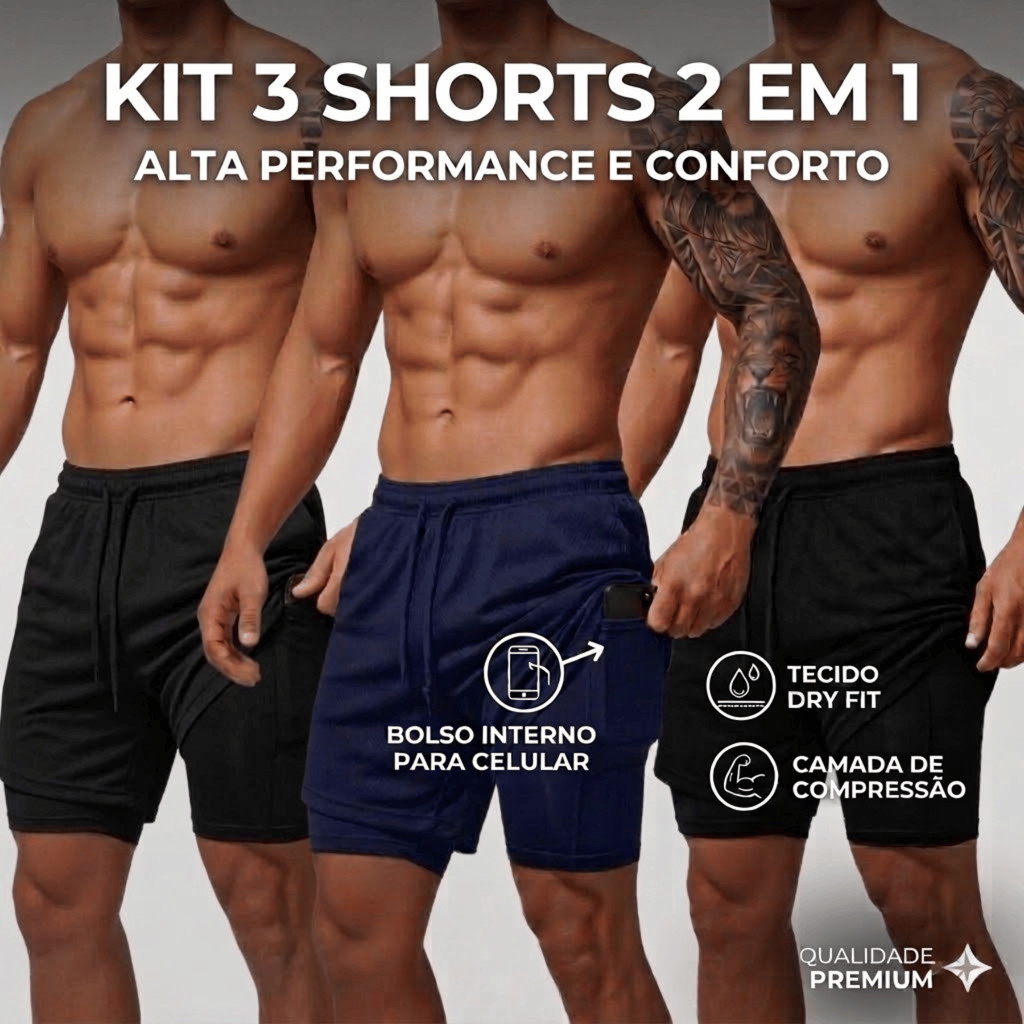 Kit 3 Shorts Bermuda Masculino 2 em 1 Dry Fit Academia Corrida Com Compressão e Bolso Interno