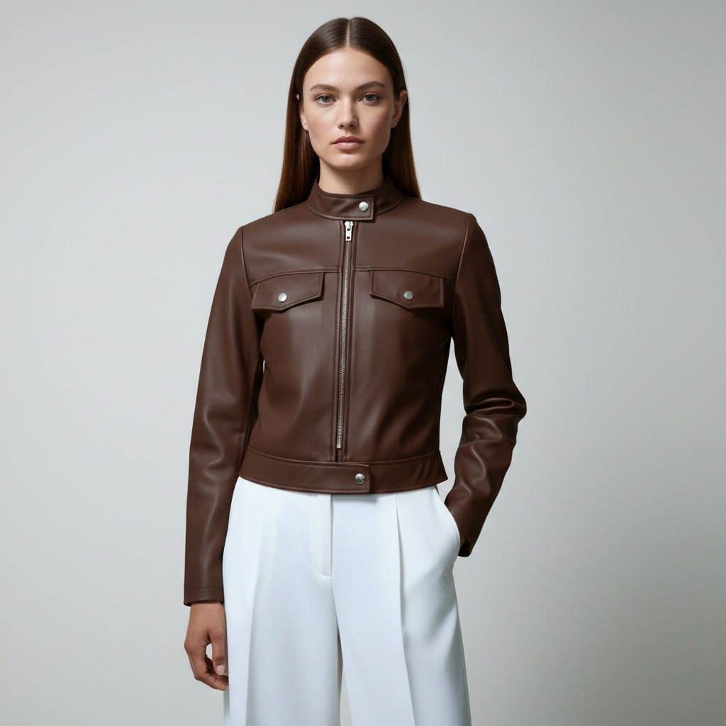 Jaqueta Feminina Couro Sintético Fake Inverno Tendencia Elegante com Zíper e Bolsos Decorativos