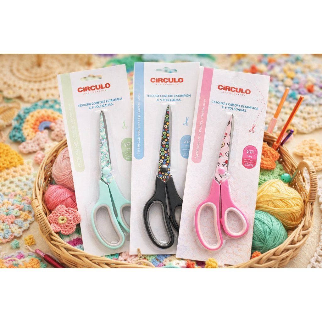 Tesoura Comfort Estampada Circulo 8,5 Polegadas – Corte Preciso Costura Artesanato e Patchwork