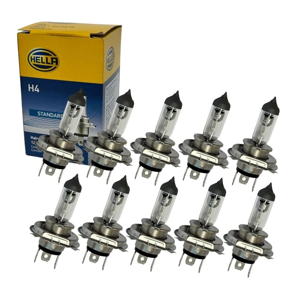 Kit 10 Lâmpada H4 12v 60w / 55w Farol Alto e Baixa Automotiva Halógena Base P43T-38 Hella