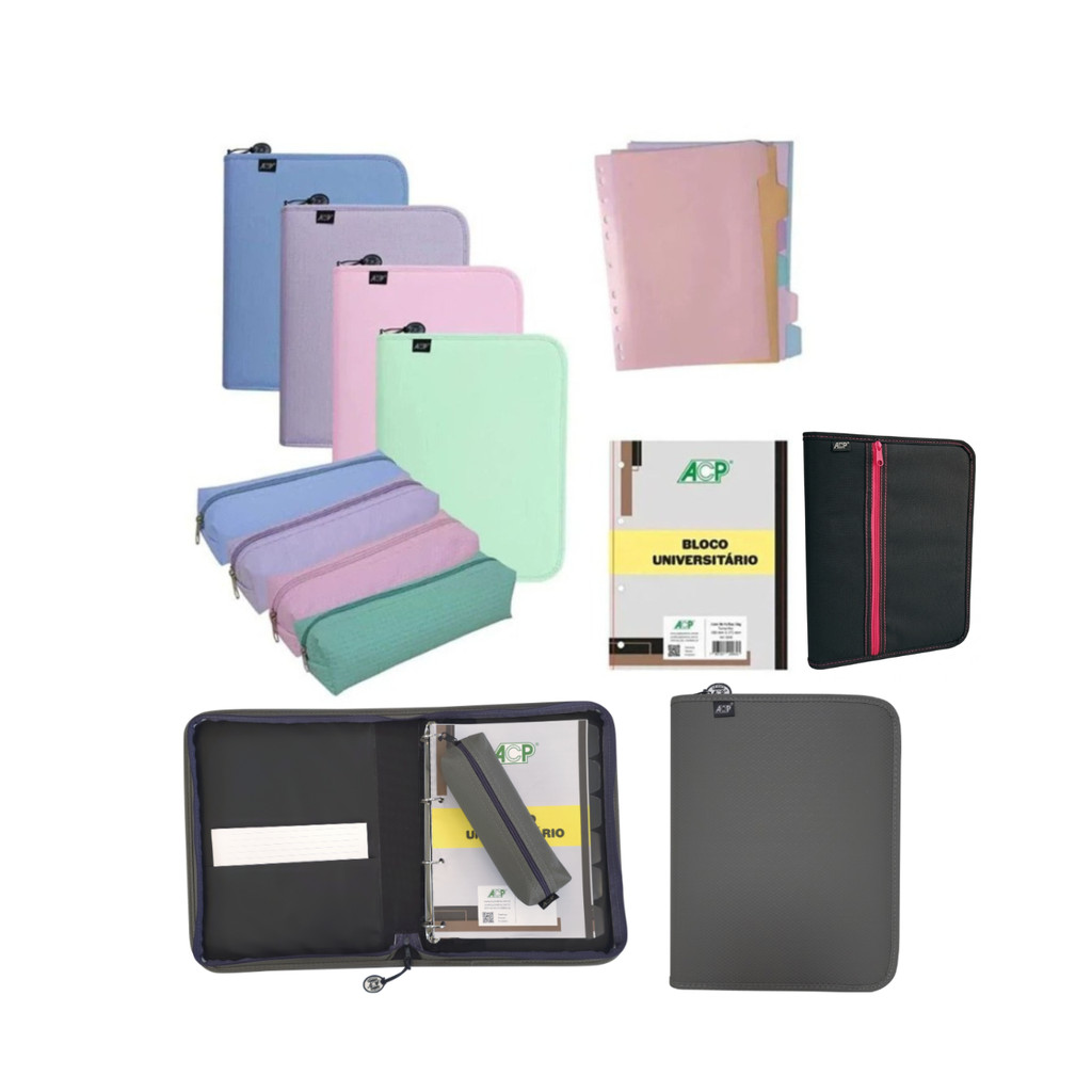 Caderno Fichário Universitário Argolado ACP + Estojo + Bloco 96 Folhas em Oferta na Shopee