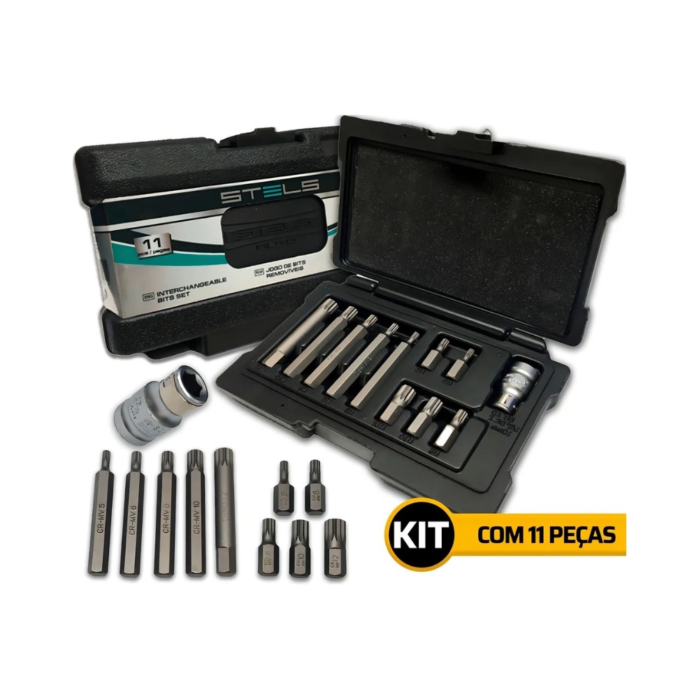 Jogo de Bits Spline Haste Sextavada 10 MM Encaixe 1/2 Pol 11 Peças STELS