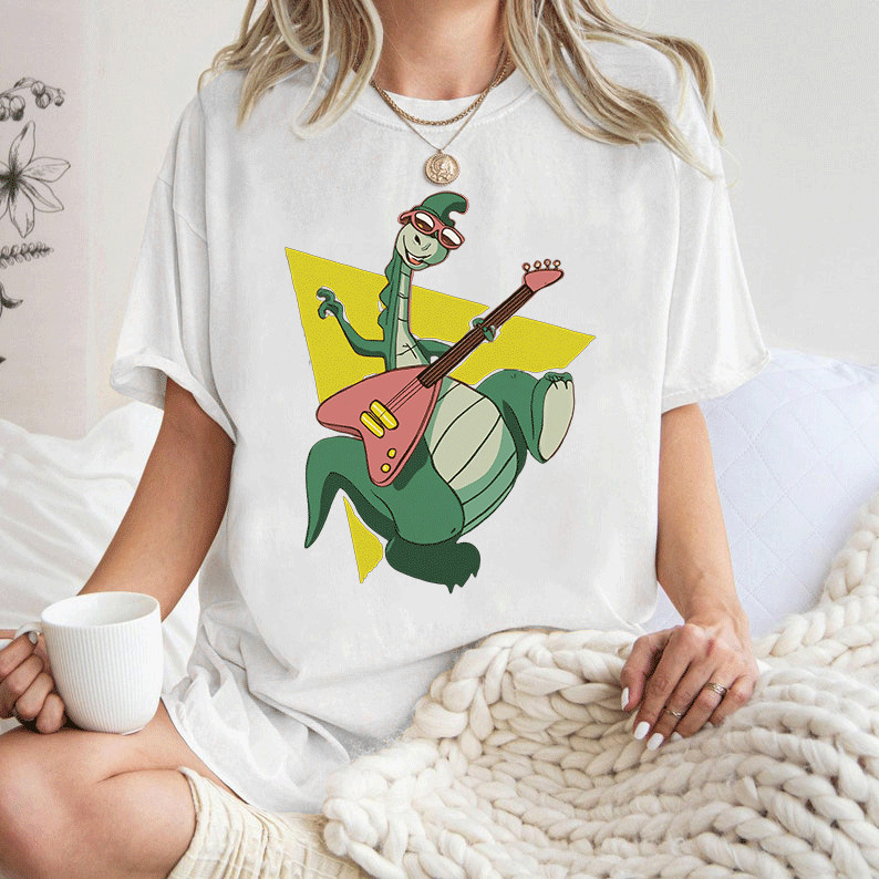 [Camiseta Premium Algodão Puro]LA Camiseta Feminina Adulto Curta Manga Verde, Dinossauro, Guitarra