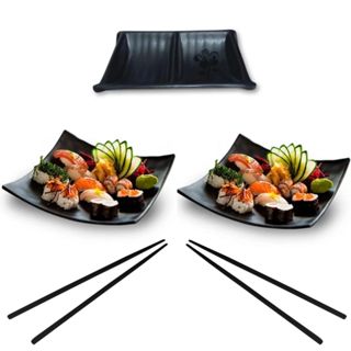 Kit Comida Japonesa para Casal com 2 Pratos Côncavos + Hashi + Molheira Preta em Oferta na Shopee