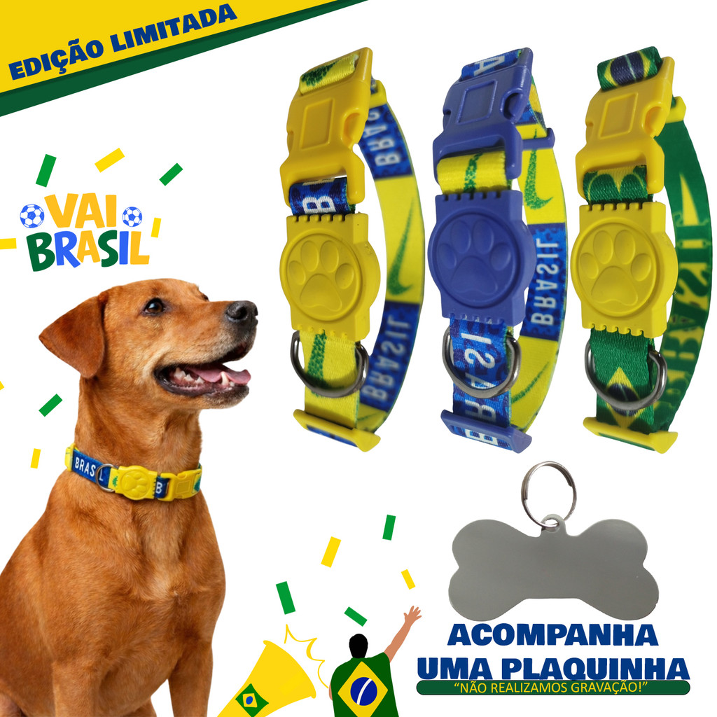 Coleira Para Cachorro MLT PET Brasil Copa do Mundo Ajustável para Cães Pequenos e Médios