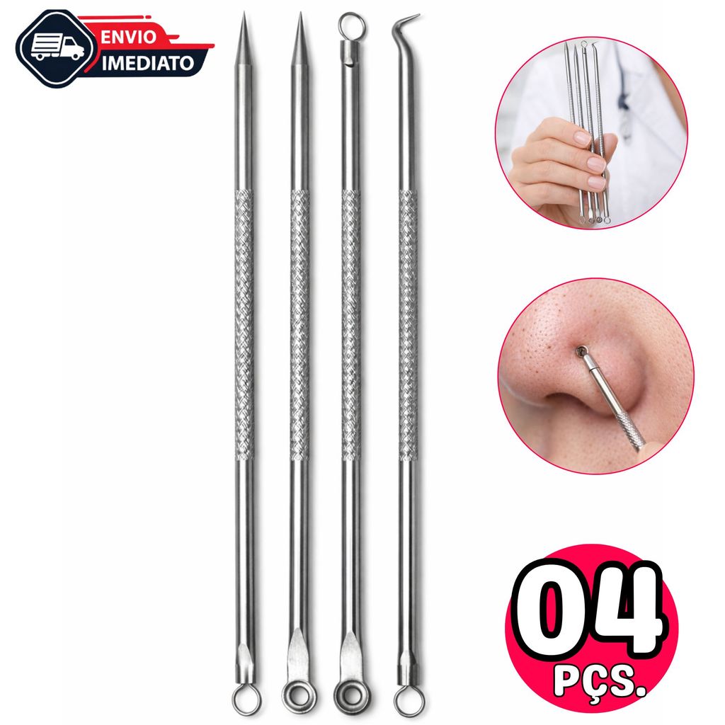 Kit Profissional Removedor De Cravos e Acne C/ 4 Peças De Ponta Dupla Pinça/Agulha/ Extrator