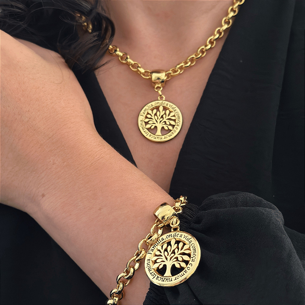 Conjunto Colar e Pulseira Semijoia Corrente Feminina Elo Português Arvore Da Família