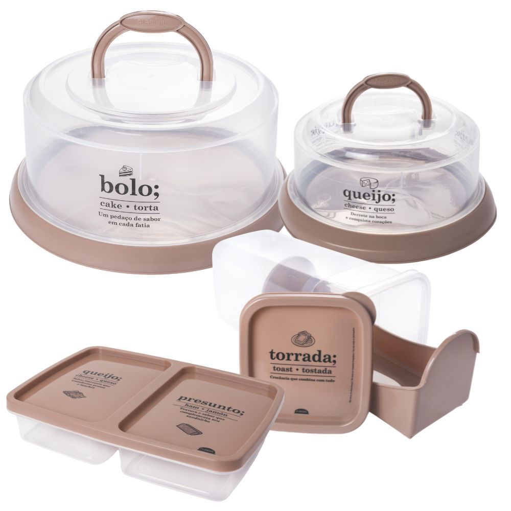 Kit Boleira Rosca, Queijeira Rosca, Porta Torradas com Gaveta Deslizante e Porta Frios 4 peças Bege Plasutil