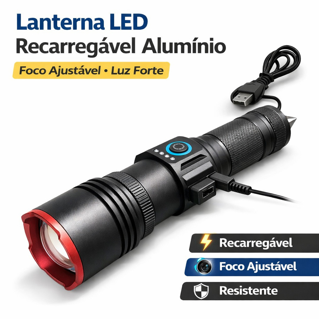 Lanterna Led Foco Ajustável Corpo Alumínio Mega Nigth Premium Led Recarregável Pesca Trilha Top