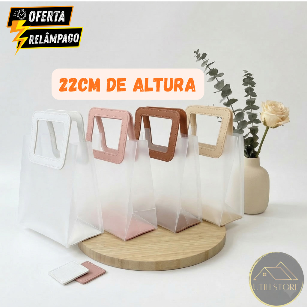 Kit Sacola De Presente Transparente Fosco 5/10 Unidades 22cmx21cm PVC Alça Couro Lembrancinha Festas
