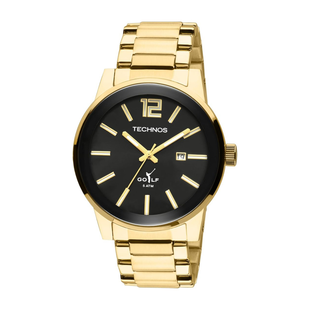 Relógio Pulso Masculino Technos 2115TTS4P Golf Dourado Fundo Preto Analógico Pulseira Aço Aço Prova D'água 50m