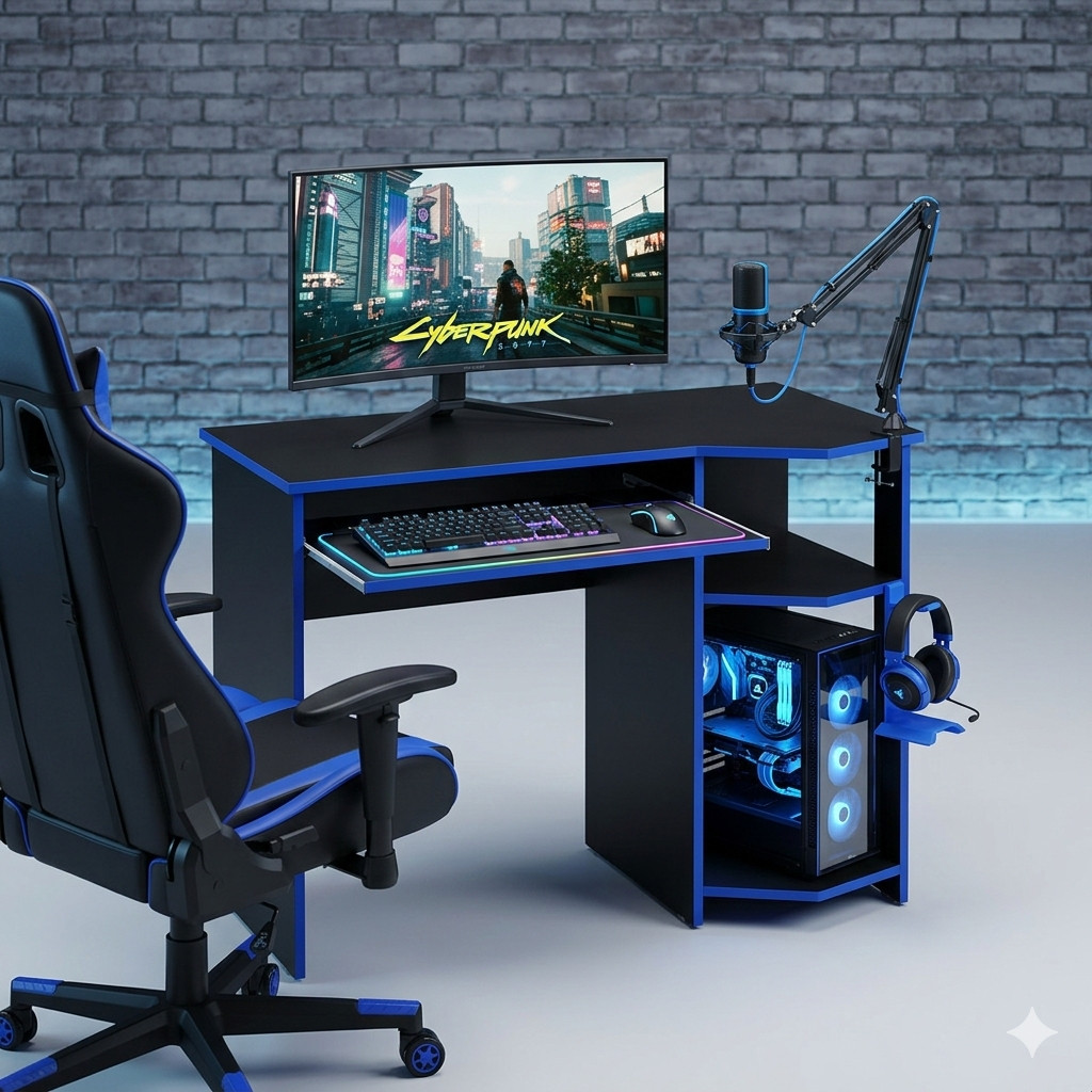 Mesa Para Quarto Gamer Preta e Vermelha Com Prateleira Lateral e Suporte