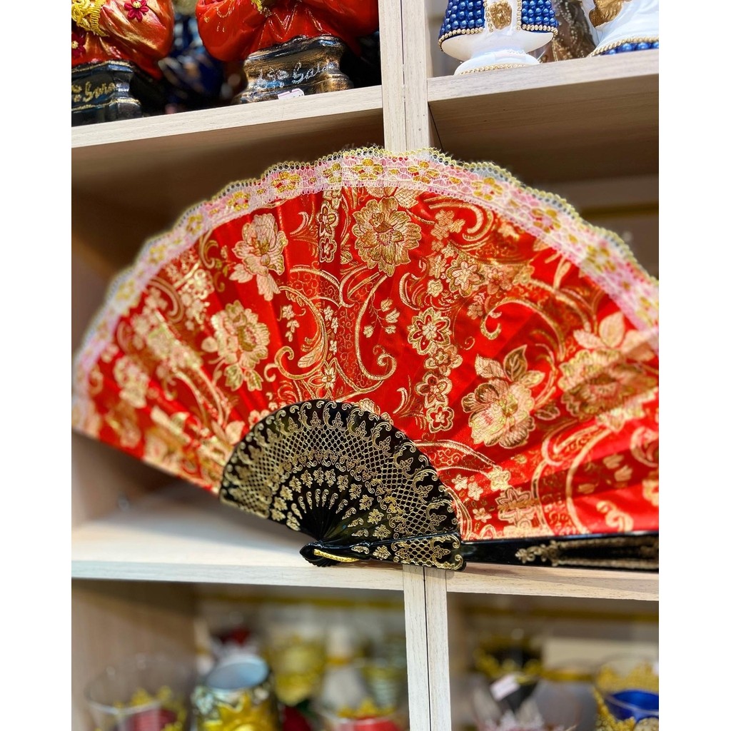 Leque Grande Tecido Cetim Brocado Brilho Luxo Cigano Dança - Vermelho