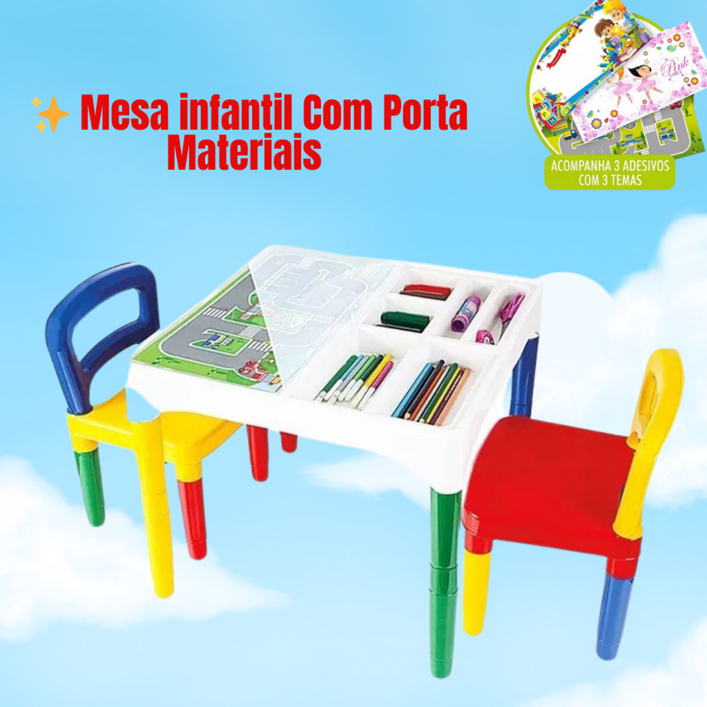 Mesa infantil Mesinha infantil atividades 2 cadeiras Didática menino menina acessórios