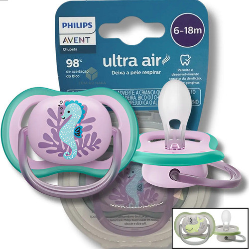 Chupeta Avent Ultra Air Philips Silicone Decorada Cavalo Marinho Rosa 6-18 meses