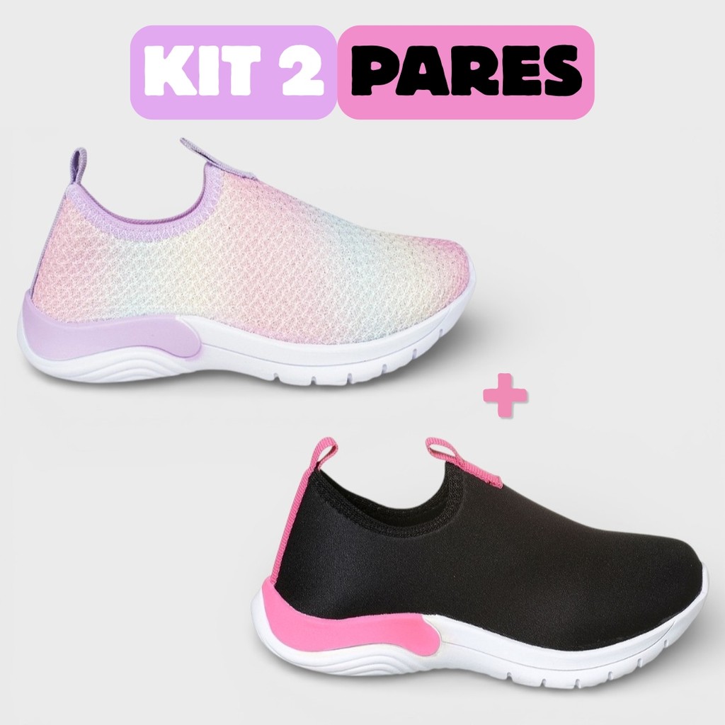 Kit 2 Pares Tênis Infantil Feminino Calce Fácil Infantil Escolar Casual Confortável