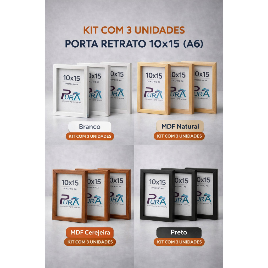 Kit 3 Porta Retrato Moldura Quadro Caixa Alta 10x15 Acetato