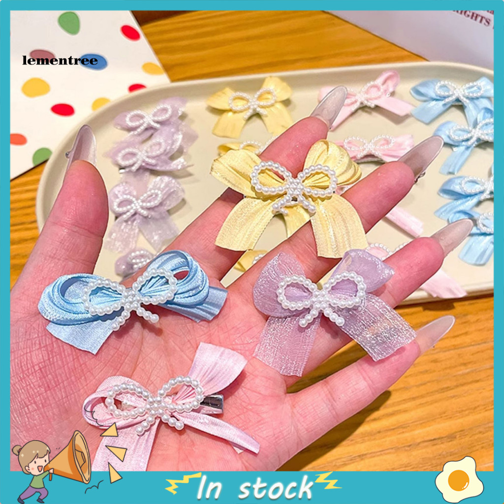 Gauze Tape Hairpin Faux Pearl Bow Hair Clip 6pcs Girls Set Hand-sewn Clips with Imitation Beads Macaron Colors Safe Scal