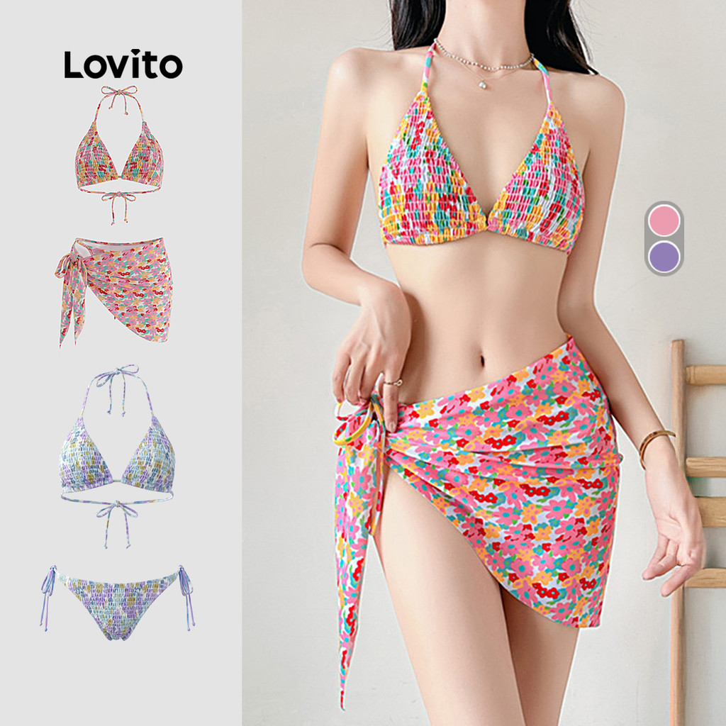Lovito  Conjuntos de Biquíni Boho com 3 Padrões Plissados Azul Primavera/verão para Mulheres LNE141X015 em Oferta na Shopee