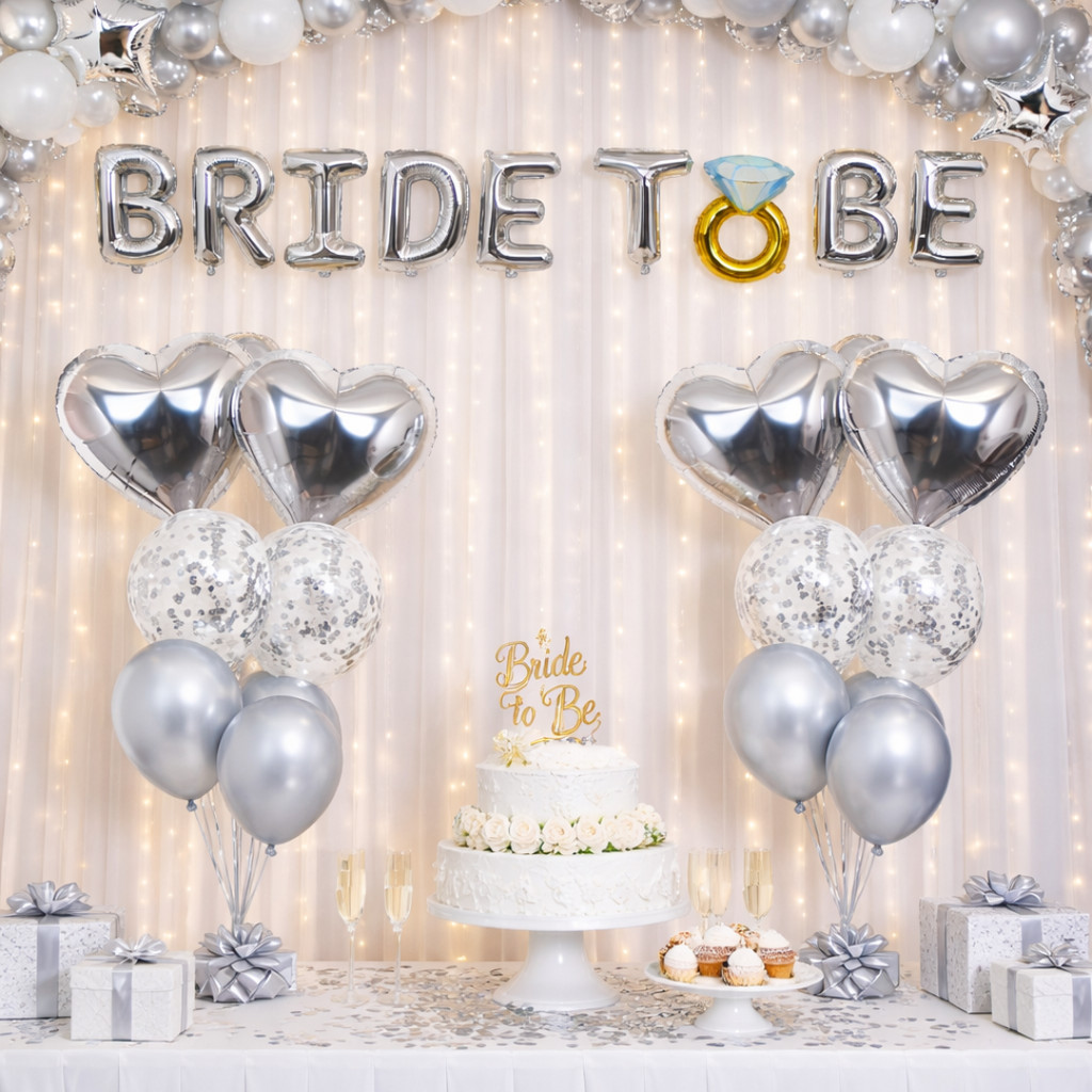 Kit Bride to Be Prata Completo Letras 16'' + Balões Coração Prata + Confete Decoração Despedida de Solteira Noiva