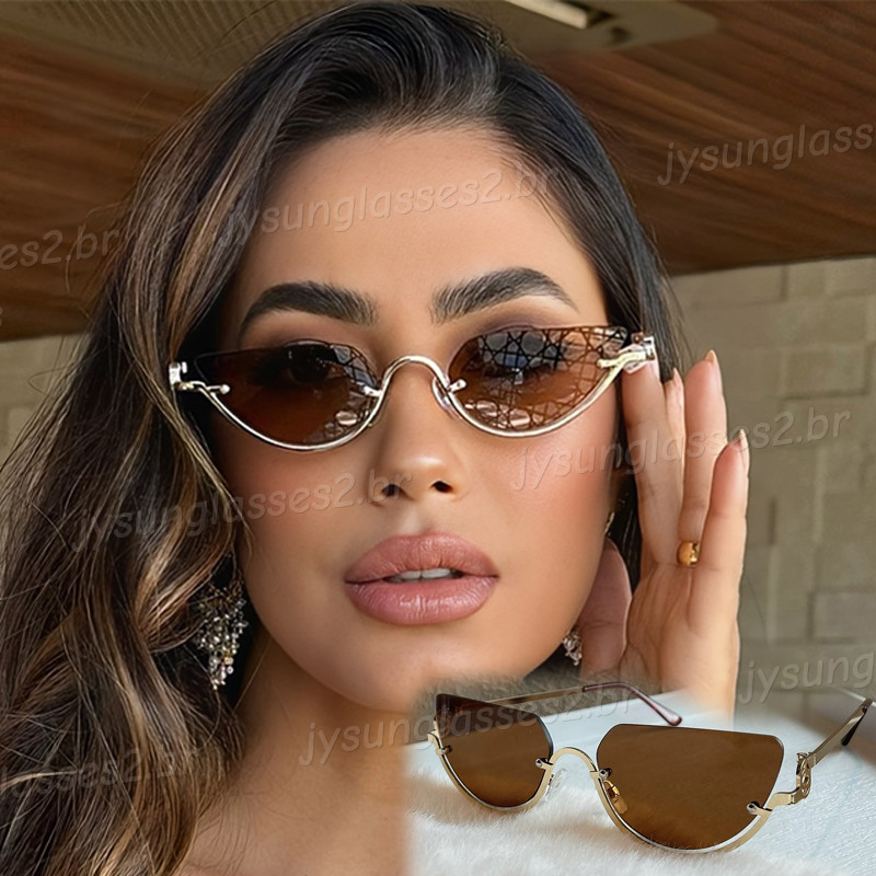 Óculos De Sol Olho De Gato Sem Aro De Metal Da Moda Para Mulheres Retrô Meia Armação Colorida Resistente A UV em Oferta na Shopee