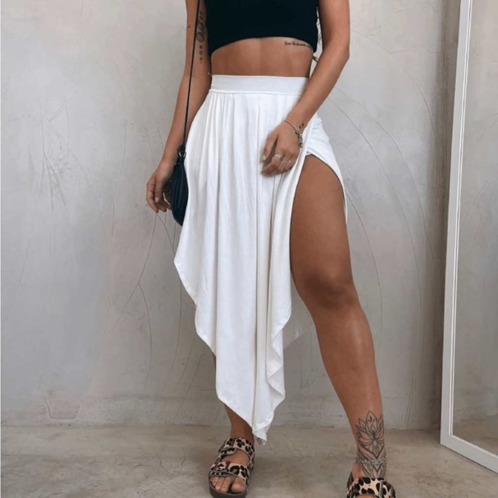 Saia de Fibra de Bambu com Abertura Lateral em V em Oferta na Shopee